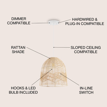 Sofia 17.5" Farmhouse Coastal Rattan 180" Cord Plug-In or Hardwired LED Pendant - JONATHAN Y